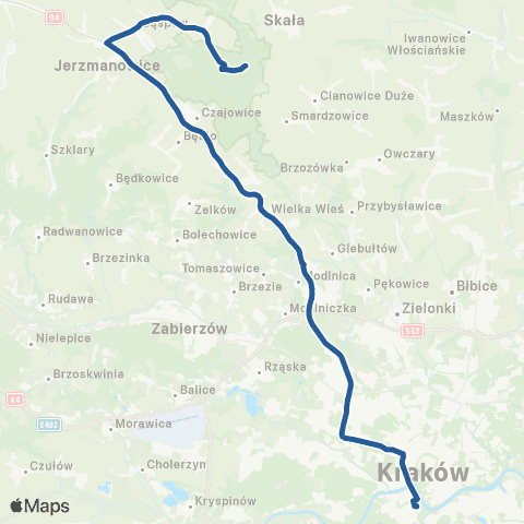 ZTP Kraków Os. Podwawelskie ↔ Ojców Zamek map